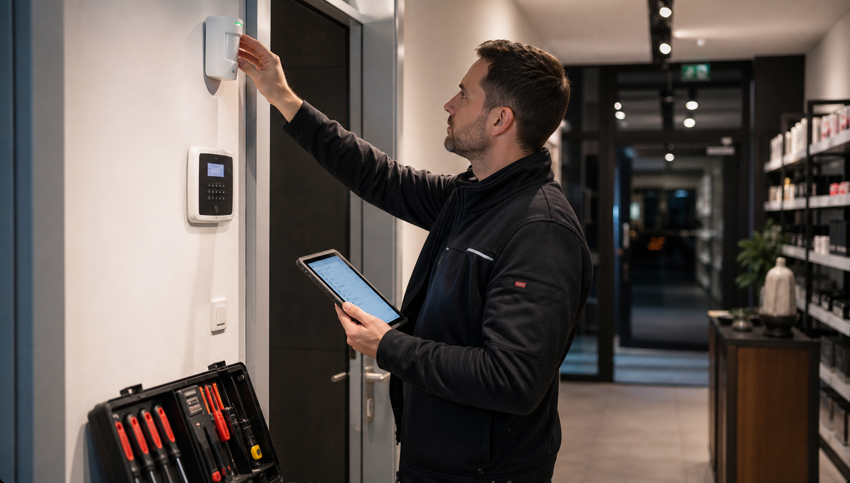Techniker prüft Alarmanlage und dokumentiert Wartung